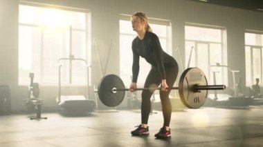 Dar spor elbiseli atletik bir kadın halter sırasına eğilip egzersiz yapıyor. Kadın halteri göğsüne doğru çekiyor ve başlangıç pozisyonuna indiriyor. Yüksek kalite 4k görüntü