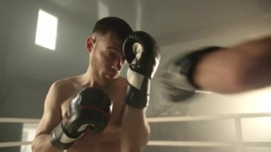 Boks eldivenli iki boksörün dövüşmeden önce birbirini selamlaması. Genç dövüşçü odaklanmış, rakibine yumruk atıyor. Yüksek kalite 4k görüntü