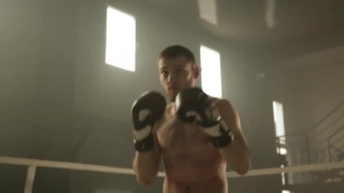 Spor salonunda gölgeli boks yapan çıplak kaslı genç ve yakışıklı bir boksör resmi. Boks eldivenli dövüşçü havaya yumruk atıyor. Yüksek kalite 4k görüntü