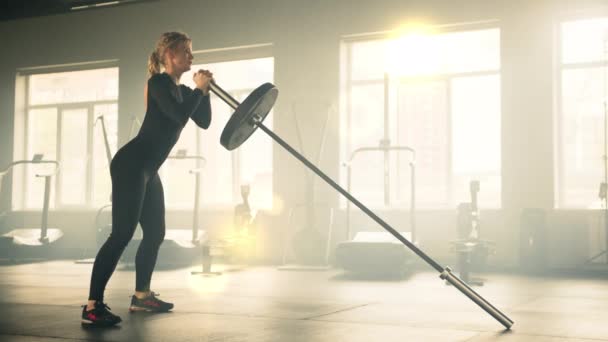 年轻健康的女人带着杠铃练习 杠铃杆上有一个球 女人提起低矮的杠铃杆 而另一端则固定在地板上 高质量的4K镜头 — 图库视频影像