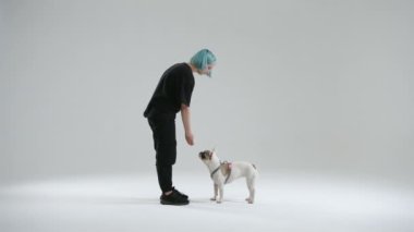 Genç bayan usta, Fransız bulldog 'unu oturma komutunu kullanarak eğitiyor. Evcil hayvan emri yerine getirir ve kadının elinden ödül olarak köpek maması alır. Yüksek kalite 4k görüntü