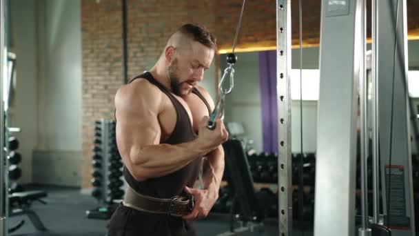 Atlet Muscular Trenuri Triceps Sala Gimnastică Folosind Stație Cablu Mişcare — Videoclip de stoc
