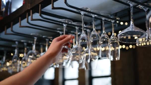 Clean Wine Glasses Hanging Upside Bar Rack Restaurant Slow Motion — Stock Video