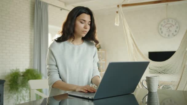 Sad Cute Brunette Woman Typing Silver Laptop Sitting Table Spacious — Stock Video