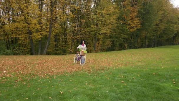 一个浪漫的画面 一头卷曲的黑发女子在草坪上行走 被落下来的黄叶覆盖着 手里拿着一辆装有满满一篮子产品的自行车 高质量的4K镜头 — 图库视频影像