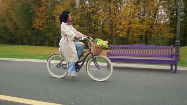 漂亮的浪漫女孩骑着装有食物的篮子的自行车 秋天公园的大片地区 绿树成荫 绿绿的草坪 高质量的4K镜头 — 图库视频影像