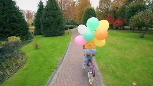 緑の芝生 秋の木が付いている大きい井戸の領域の驚くべき眺め タイルで舗装された道に沿って女性の自転車に乗る若い女性 高品質の4K映像 — ストック動画
