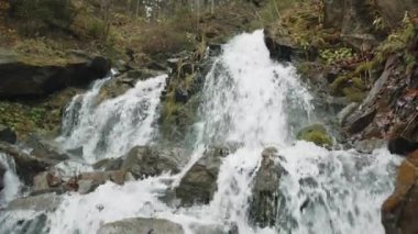 Sonbahar kasvetli ormanlarında derin bir vadide gizlenmiş hızlı bir su akıntısının büyüleyici manzarası. Şelalenin güzelliği tehlikeli bir kayalık yamaca düşüyor. Yüksek kalite 4k görüntü