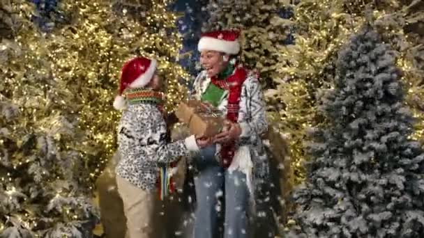 Mutlu Anne Yaşındaki Oğlundan Noel Kutusunu Alır Etrafında Yoğun Kar — Stok video
