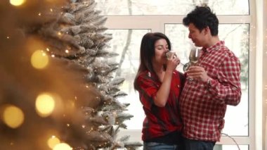 Erkek ve kadın Noel ağacının yanında şampanya içerler. Kırmızı elbiseli sevimli çift yeni yılı kutluyor. Yüksek kalite 4k görüntü