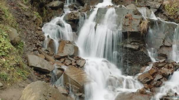 Hermosa Vista Otoñal Cascadas Agua Pura Que Fluyen Por Una — Vídeo de stock