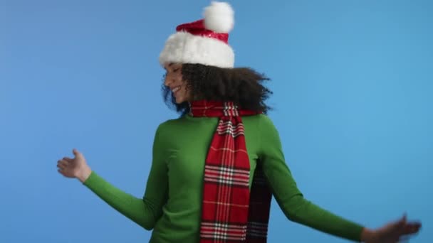 Medium Shot Joyful Curly Haired Female Brunette Green Sweater Red — Stock Video