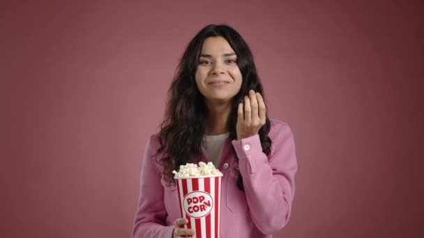 European Girl Very Happy While Watching Movie She Eating Popcorn — Stock Video