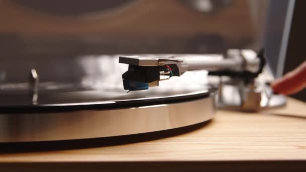 Close Vinyl Player Needle Drops Record Classical Music Begins Play — Stock Video