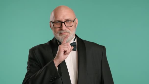 Middle Aged Man Showing Gesture Lips Sealed Dressed Black Tuxedo — Stock Video