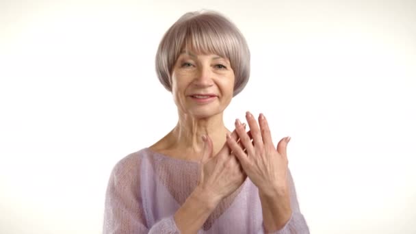 Beautiful Elderly Woman Sheer Cape Holds Her Hands Her Heart — Stock Video