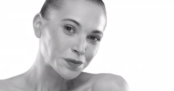 Monochromatic Close View Contemplative Woman Immaculate Skin Serene Expression Eyes — Stock Video
