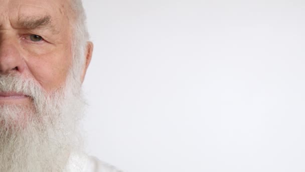 Half Face Frame Elderly Man Beautiful Light Beard Looks Seriously — Stock Video