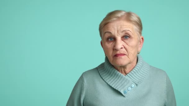 Angry Granny Years Appealing Appearance Blue Sweater Looking Disgust Squinting — Stock Video