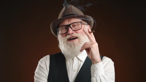 Ein Älterer Mann Mit Weißem Bart Strahlt Eine Reflektierende Ruhe — Stockvideo