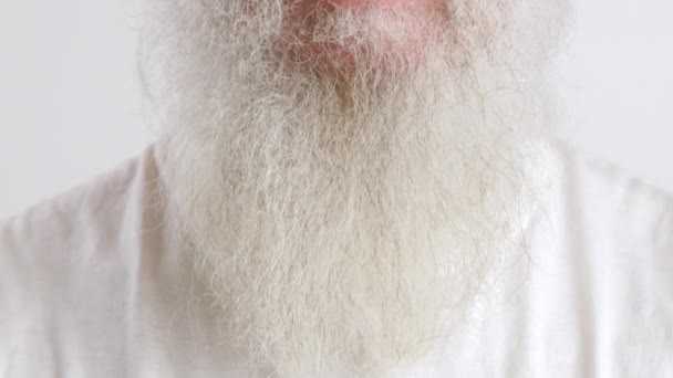 特写展示了一个安详的老人脸上复杂的细节和他威严的白胡子 这证明他的生活过得很好 8K照相机 — 图库视频影像