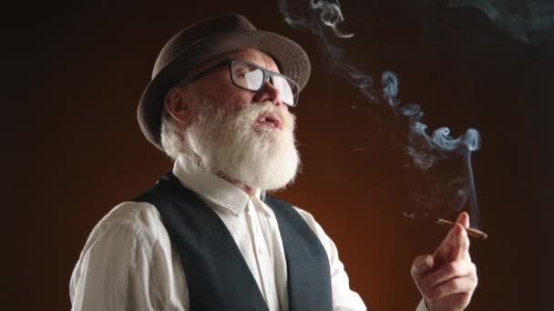 Este Distinto Cavalheiro Sênior Ostenta Elegante Fedora Óculos Enquanto Fuma — Vídeo de Stock