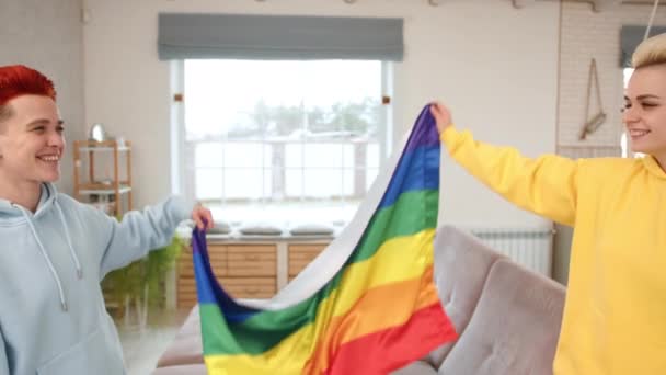 즐겁게 그들의 거실에서 Lgbt 깃발을 올리는 레즈비언 커플의 클로즈업 아늑한 — 비디오
