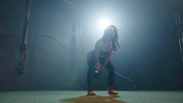 Gym Bathed Dramatic Backlighting Dedicated Female Athlete Performs Series Kettlebell — Stock Video