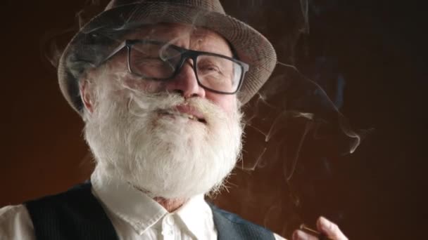 一位优雅的老人 留着白胡子 戴着眼镜 一边抽烟 一边欣赏着雪茄 头戴花冠 身穿老式背心 传达着一种沉思和放松的心情 8K相机 — 图库视频影像