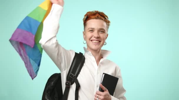Student Belonging Lgbt Community Stands Poised Backpack Holding Notes Lgbt — Stock Video