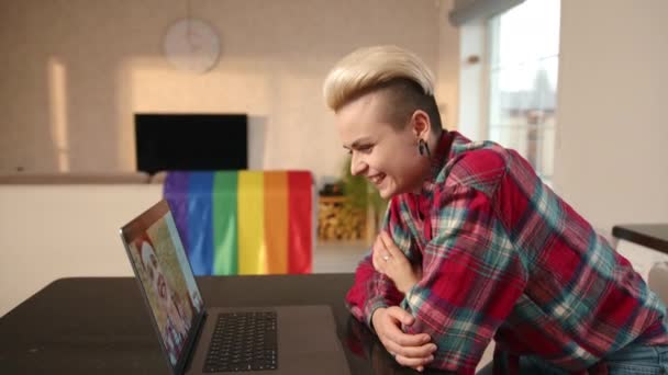 Playful Video Call Unfolds Lesbian Couple One Laughs Heartily Enjoying — Stock Video