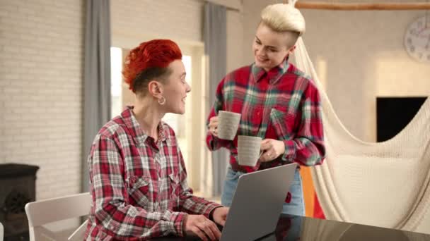Devoted Girlfriend Interrupts Her Work Laptop Receive Warm Cup Coffee — Stock Video