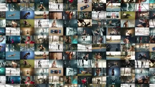 Eine Animationscollage Die Auf 400 Sportvideos Heranzoomt Fitnesstrainer Und Sportler — Stockvideo