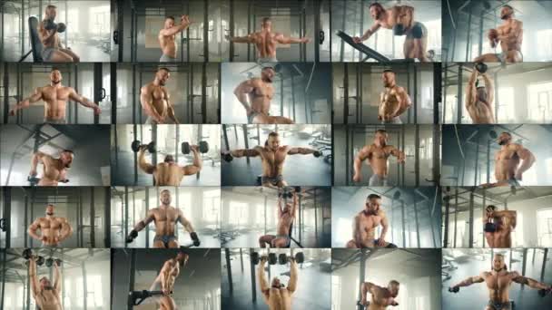 Eine Collage Aus Vielen Bildern Eines Einzelnen Athleten Der Hemdlos — Stockvideo