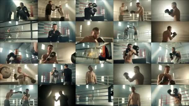 一组25个视频的拼贴 其中包括拳击手正在一个美丽的 烟熏熏天的拳击馆接受训练和准备战斗 阳光从窗户射进来 拳击俱乐部的广告 — 图库视频影像