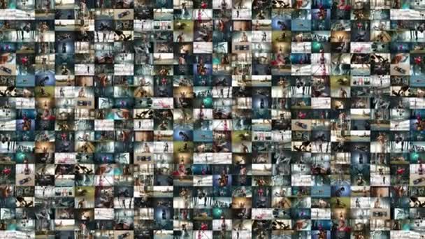 Video Collage Cientos Fotogramas Alejándose Niñas Niños Entrenando Varios Gimnasios — Vídeos de Stock
