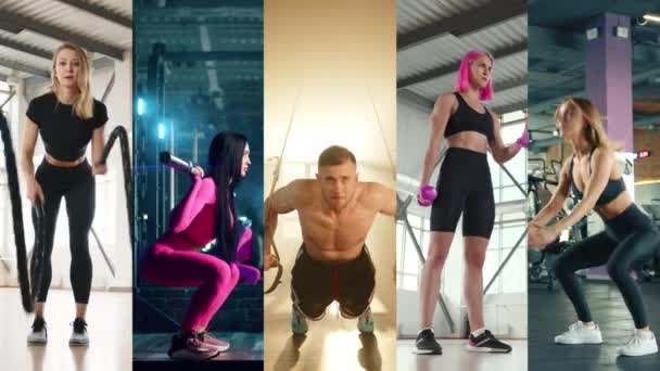 Kolaż Pionowych Filmów Wideo Prezentujących Różnych Sportowców Wykonujących Ćwiczenia Liną — Wideo stockowe