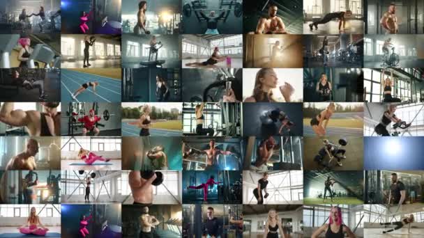 Sportolók Kollázs Videó Amelyben Férfiak Nők Súlyzókkal Súlyzókkal Kötelekkel Húzózárakkal — Stock videók