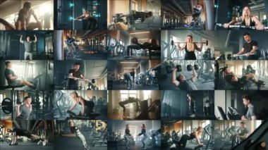 Spor atletleri spor salonunda çeşitli ekipmanlarla aktif olarak fiziksel egzersizlere katılırlar. Farklı egzersiz ve sporculardan oluşan 25 video kolajı. Bu video markanızı tanıtmak için uygun..