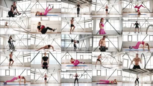 Vibrante Collage Fitness Dentro Soleado Gimnasio Con Grandes Ventanales Donde — Vídeo de stock