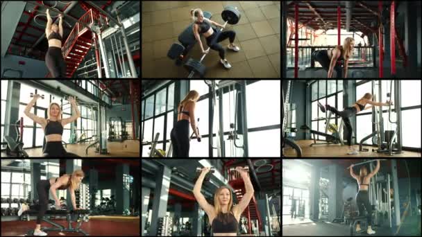 在一个有大窗户的阳光灿烂的体育馆里 一幅由9帧照片组成的漂亮的拼图展示了一个正在进行健身锻炼的健美女子 录像中有哑铃 腹肌的练习 — 图库视频影像
