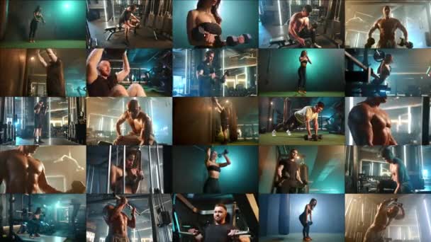 Ontzagwekkende Collage Van Atleten Die Intensief Trainen Met Verschillende Apparatuur — Stockvideo