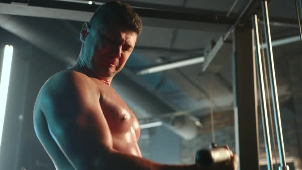 Hombre Musculoso Sin Camisa Dedica Intensamente Ejercicio Empuje Tríceps Utilizando — Vídeos de Stock