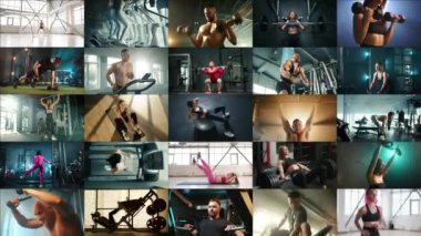Odaklanmış sporcular çeşitli egzersizler yapıyorlar: halter çömelmeleri, yoğun koşu bandı koşuları, güçlü kettlebell egzersizleri, konsantre kürek çekme seansları ve dinamik direniş eğitimi.. 