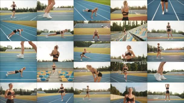 Video Collage Una Atleta Femenina Estadio Chica Realiza Varios Ejercicios — Vídeos de Stock
