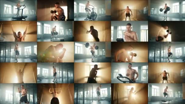 Collage Vídeo Con Atleta Masculino Que Realiza Varios Ejercicios Gimnasio — Vídeos de Stock