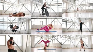 Geniş pencereli parlak bir spor salonunda farklı insanlar tarafından yapılan spor aktiviteleri kolajı. Dambıllar, dambıllar, halatlar, ip atlama, bisiklet, halterler, yoga, şınav ve mekik çekiyorlar..