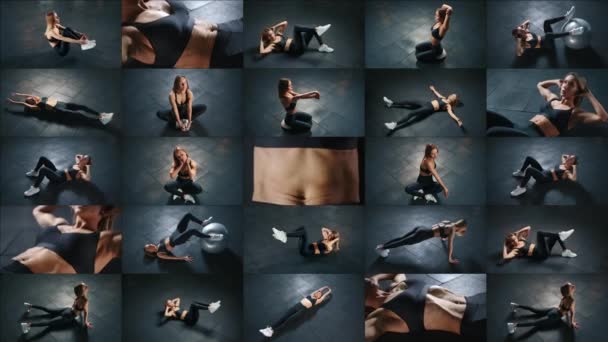 视频拼贴25个不同的框架 其中一个女孩正在锻炼与她的体重在一个黑暗的橡胶地板上的健身房 这位运动员做各种运动 从上面看 — 图库视频影像