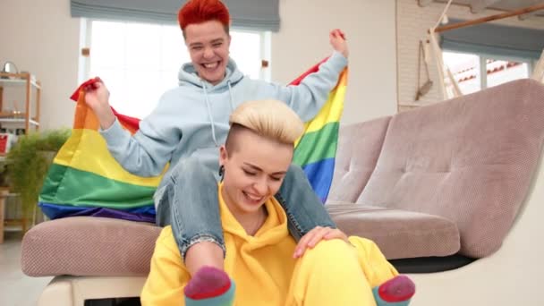 Delightful Selfie Session Lesbian Couple Home Capturing Smiles Colorful Rainbow — Stock Video