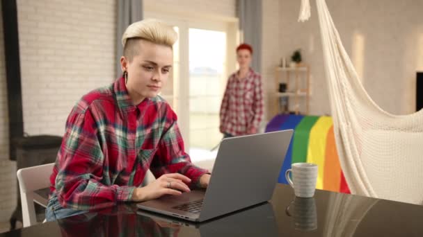 Bright Modern Room Adorned Lgbt Flag One Woman Focused Her — Stock Video